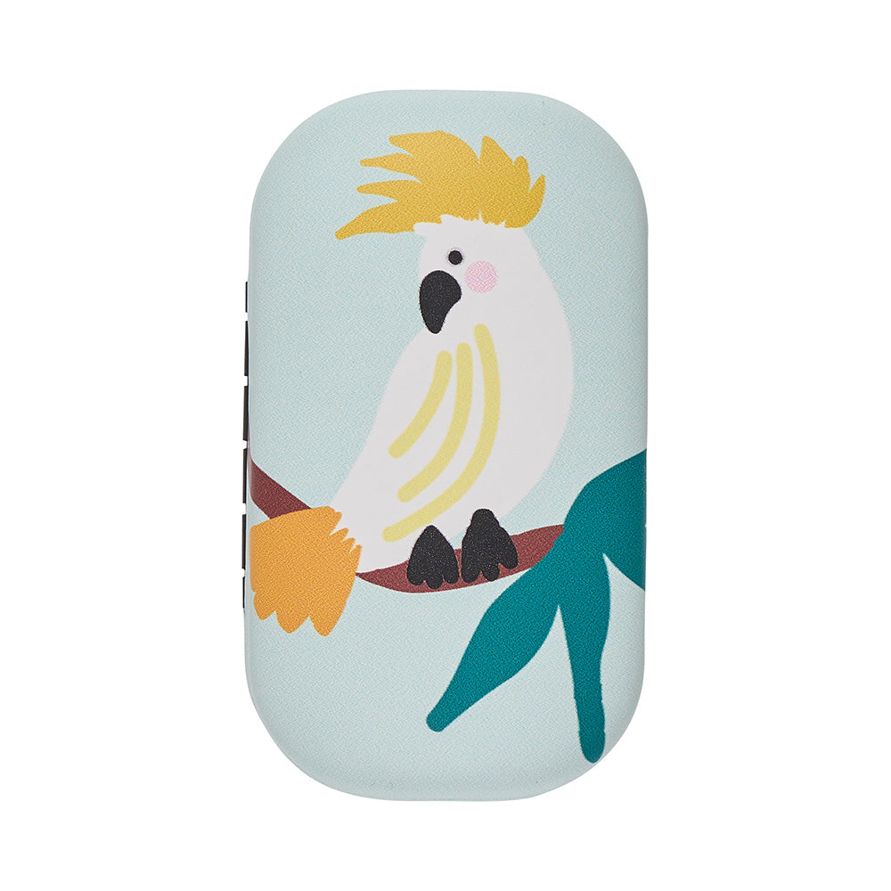 Small rectangular safe keeper with a colorful bird design on a light blue background