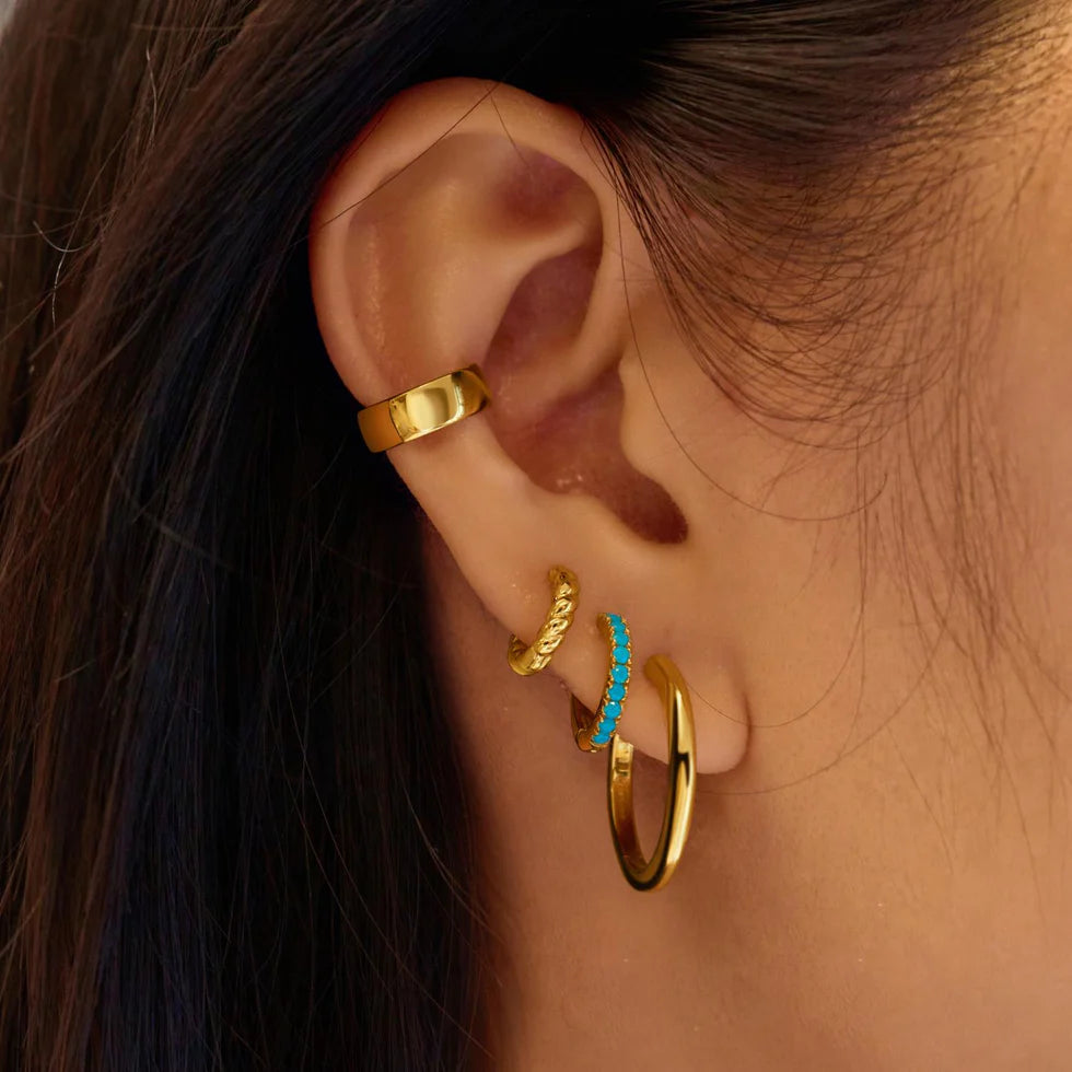 Aqua Blue Row Gold Huggie Hoop Earrings