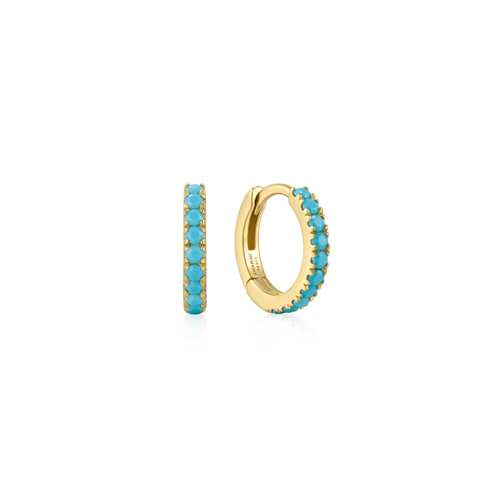 Aqua Blue Row Gold Huggie Hoop Earrings