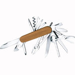 Swiss Pocket Knife Multitool with wooden handle on a white background