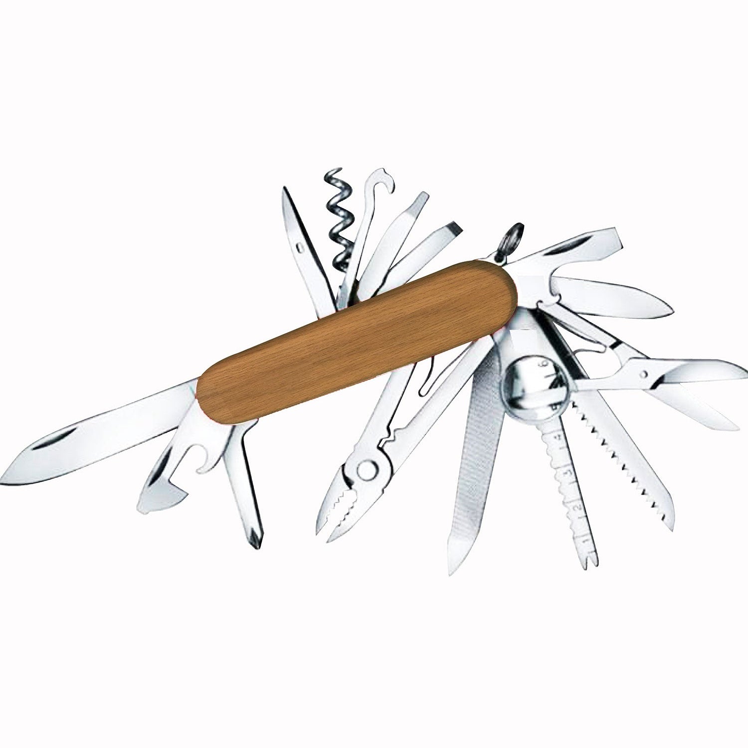 Swiss Pocket Knife Multitool with wooden handle on a white background