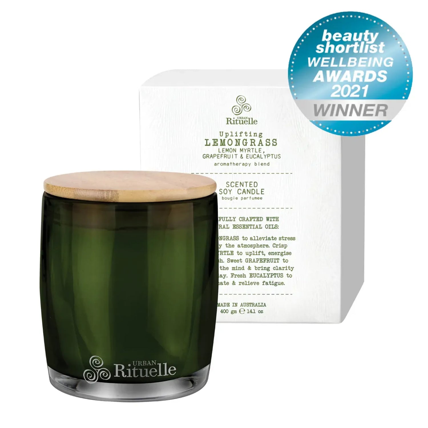 Urban Rituelle Scented Soy Candle 400gm - Lemongrass, Lemon Myrtle, Grapefruit & Eucalyptus